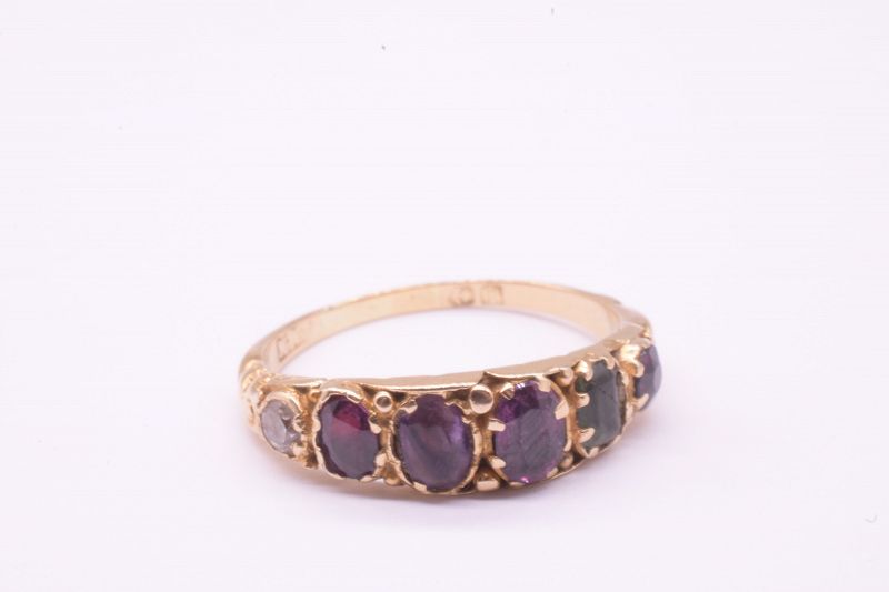 C1840 15K Regard Ring with Ruby, emerald, garnet, amethyst, ruby, diam