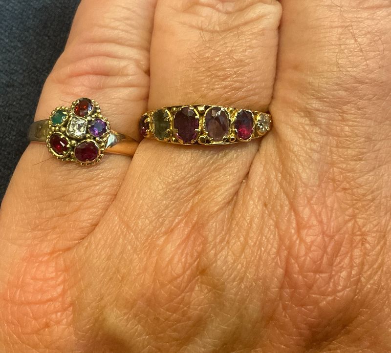 C1840 15K Regard Ring with Ruby, emerald, garnet, amethyst, ruby, diam