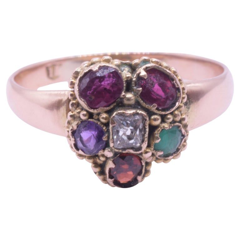 C.1860 15K Regard Flower Ring w Ruby emerald garnet amethyst ruby diam