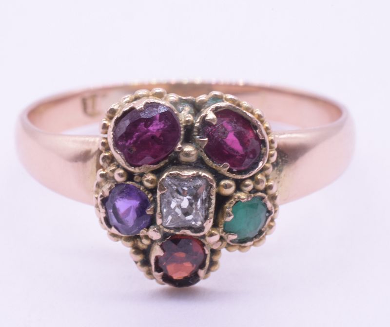 C.1860 15K Regard Flower Ring w Ruby emerald garnet amethyst ruby diam