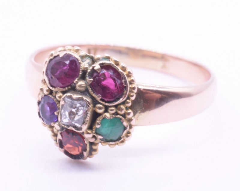 C.1860 15K Regard Flower Ring w Ruby emerald garnet amethyst ruby diam