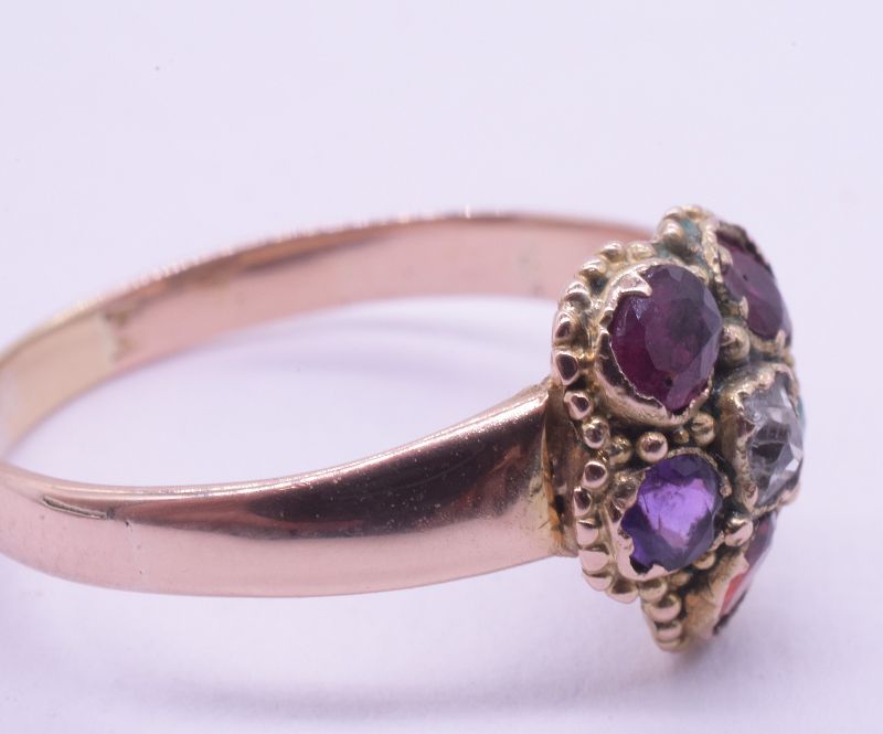 C.1860 15K Regard Flower Ring w Ruby emerald garnet amethyst ruby diam