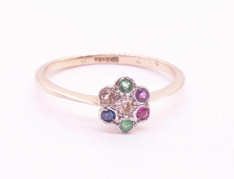 C1910 18K Flower Cluster Ring with Dearest Gemstones