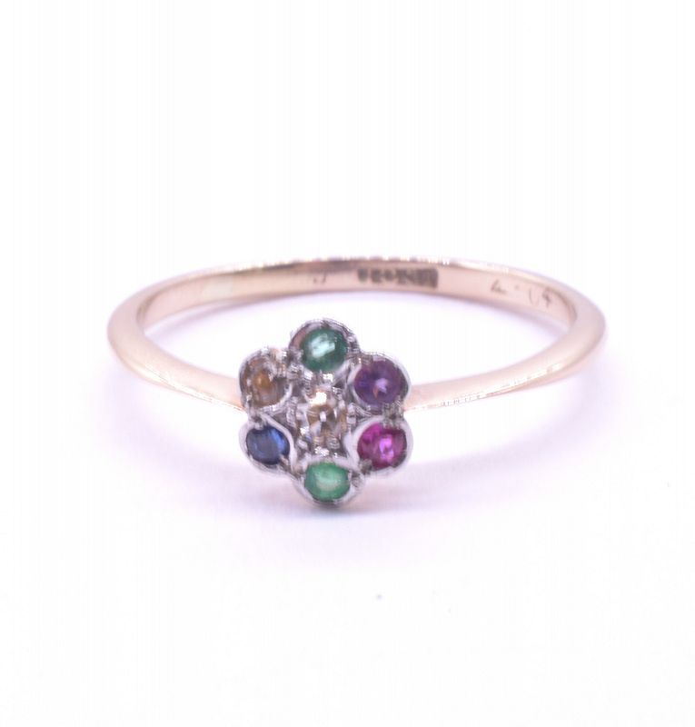 C1910 18K Flower Cluster Ring with Dearest Gemstones