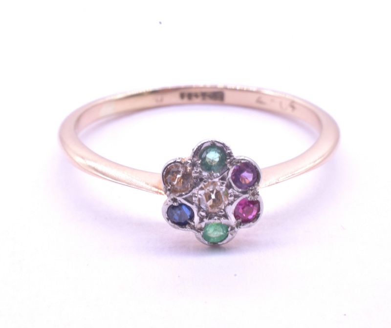 C1910 18K Flower Cluster Ring with Dearest Gemstones