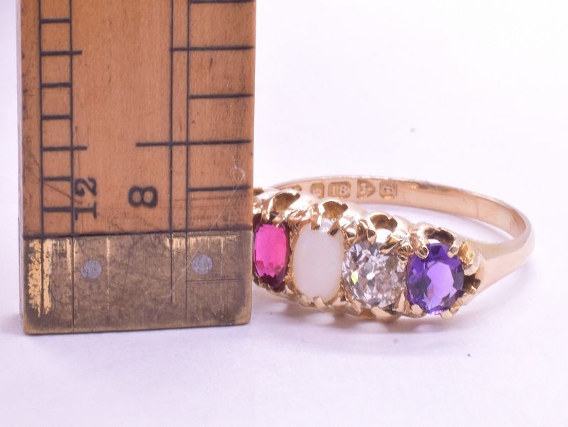 Hallmarked 1842 18K Five Gemstone &quot;ADORE&quot; Ring