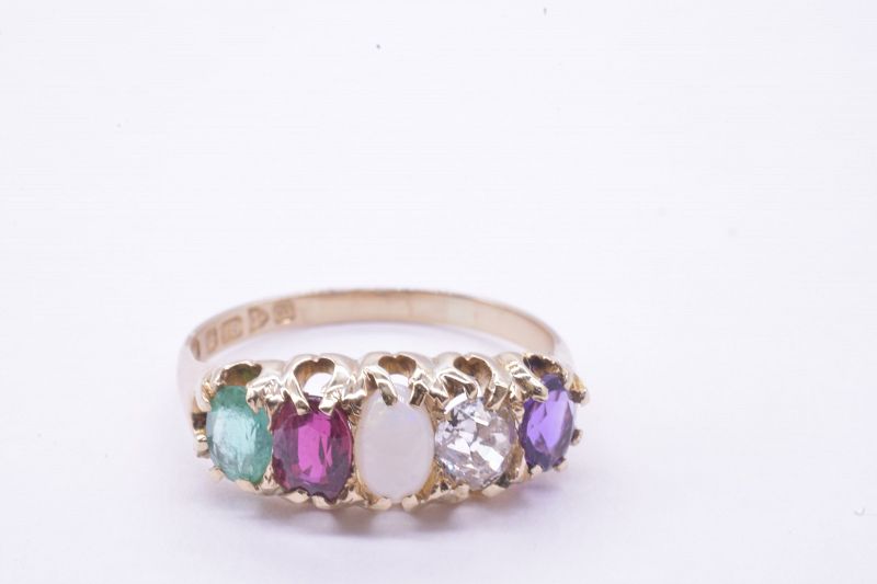 Hallmarked 1842 18K Five Gemstone &quot;ADORE&quot; Ring