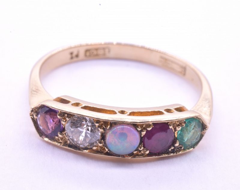 C1860 18k 5 Stone ADORE Message Ring ameth diam opal ruby emerald