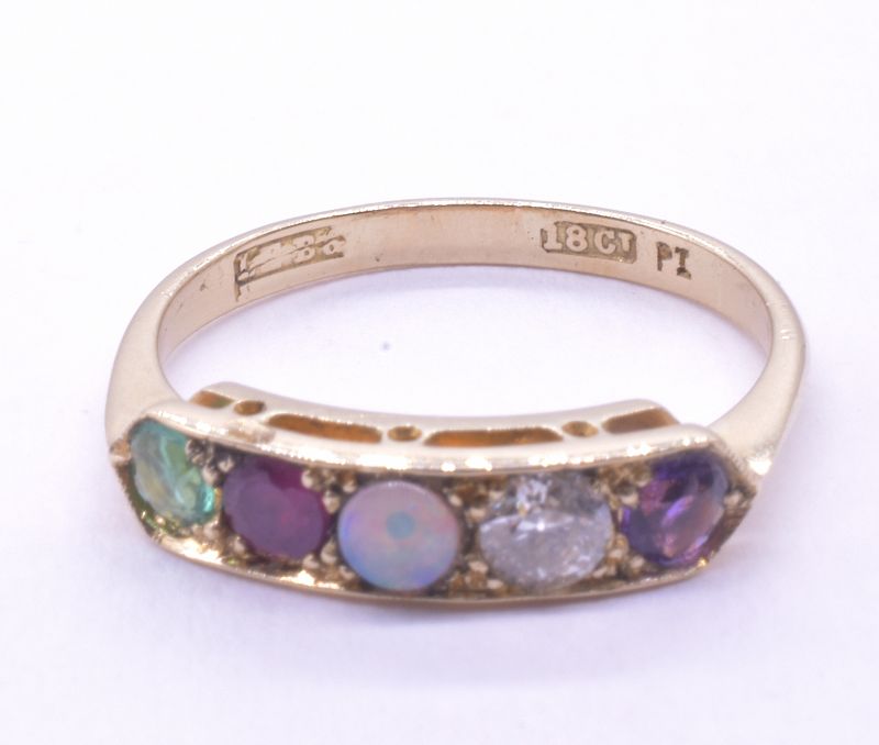 C1860 18k 5 Stone ADORE Message Ring ameth diam opal ruby emerald