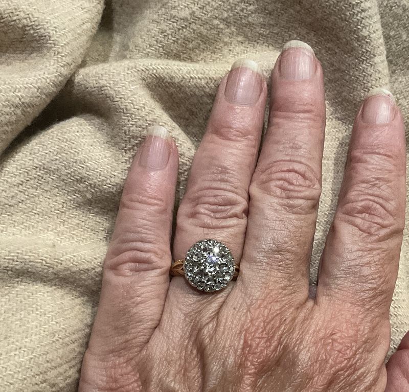 C1850 18K Diamond Cluster Ring w/ Leaf Engraved Band