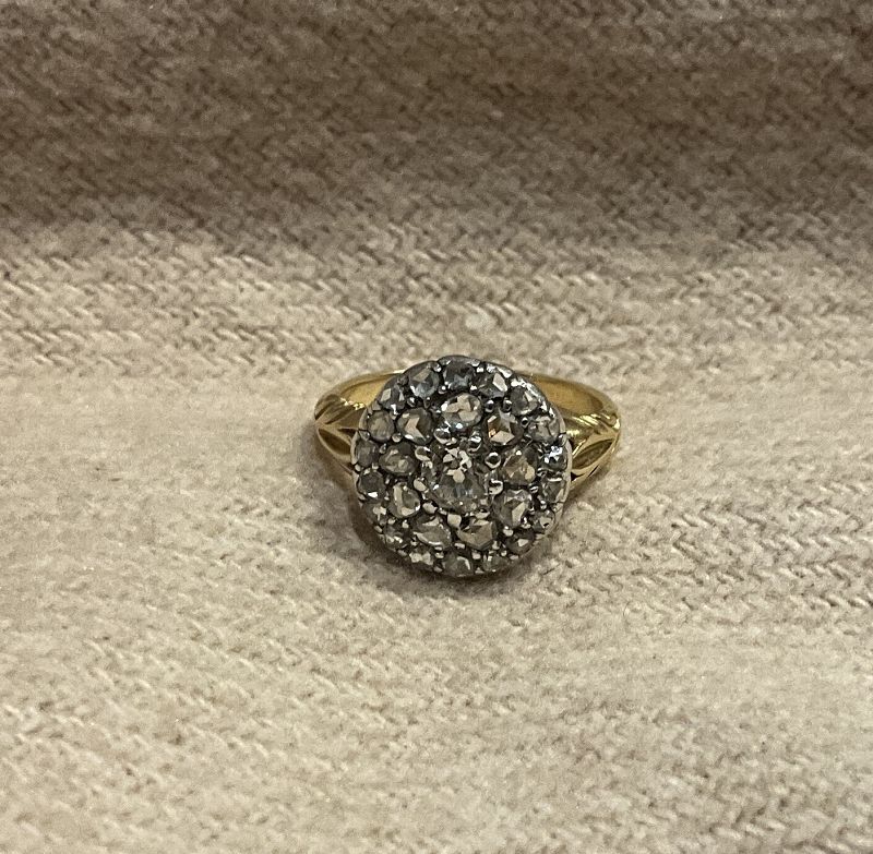 C1850 18K Diamond Cluster Ring w/ Leaf Engraved Band