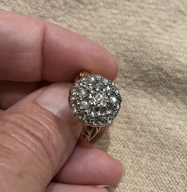 C1850 18K Diamond Cluster Ring w/ Leaf Engraved Band