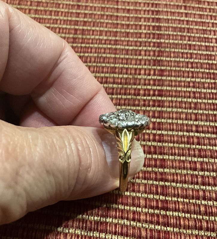 C1850 18K Diamond Cluster Ring w/ Leaf Engraved Band