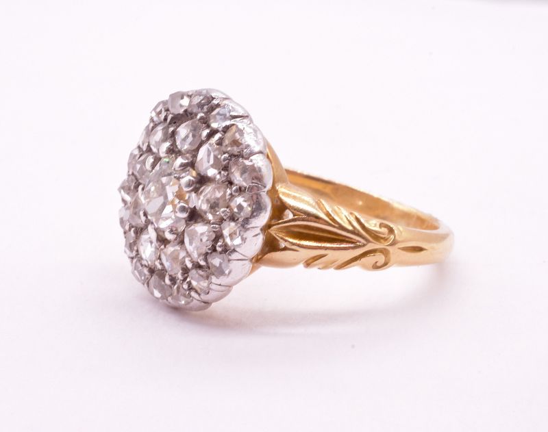 C1850 18K Diamond Cluster Ring w/ Leaf Engraved Band