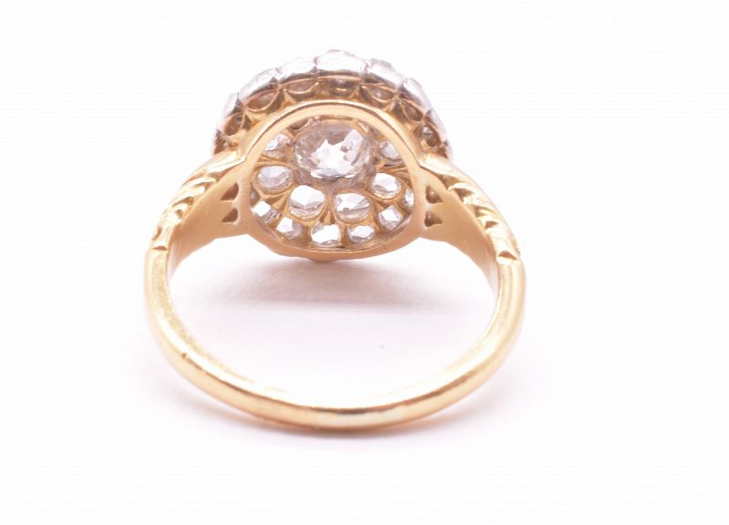 C1850 18K Diamond Cluster Ring w/ Leaf Engraved Band