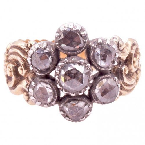 C1820 Georgian Diamond Flower Cluster Ring w Carved Repousse Band