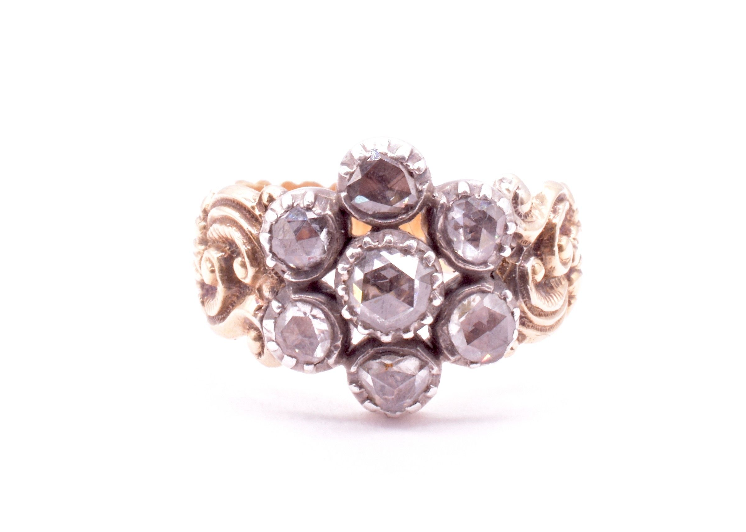 C1820 Georgian Diamond Flower Cluster Ring w Carved Repousse Band