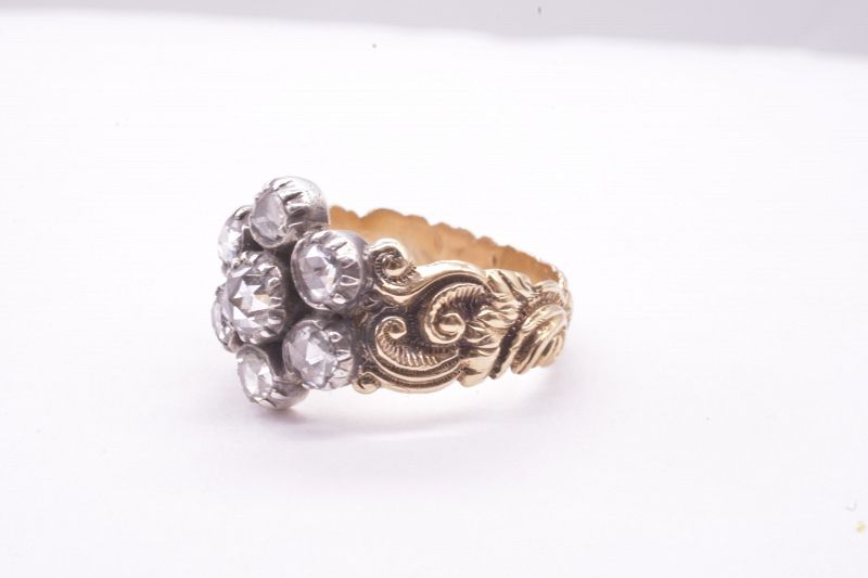 C1820 Georgian Diamond Flower Cluster Ring w Carved Repousse Band