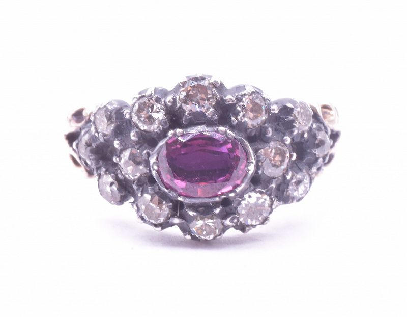 C1820 18K Diamond Cluster Ring with a Ruby Center