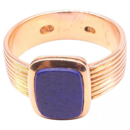 C1970 18 Carat Modern Lapis Signet Ring with Reeded Band