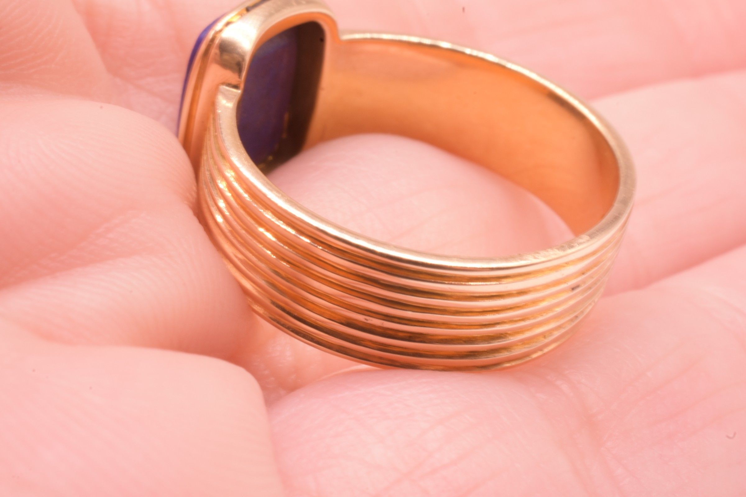 C1970 18 Carat Modern Lapis Signet Ring with Reeded Band