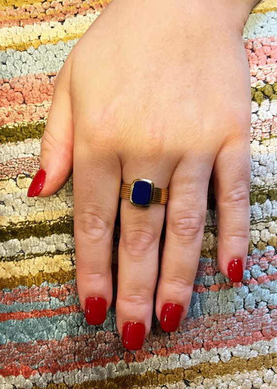 C1970 18 Carat Modern Lapis Signet Ring with Reeded Band