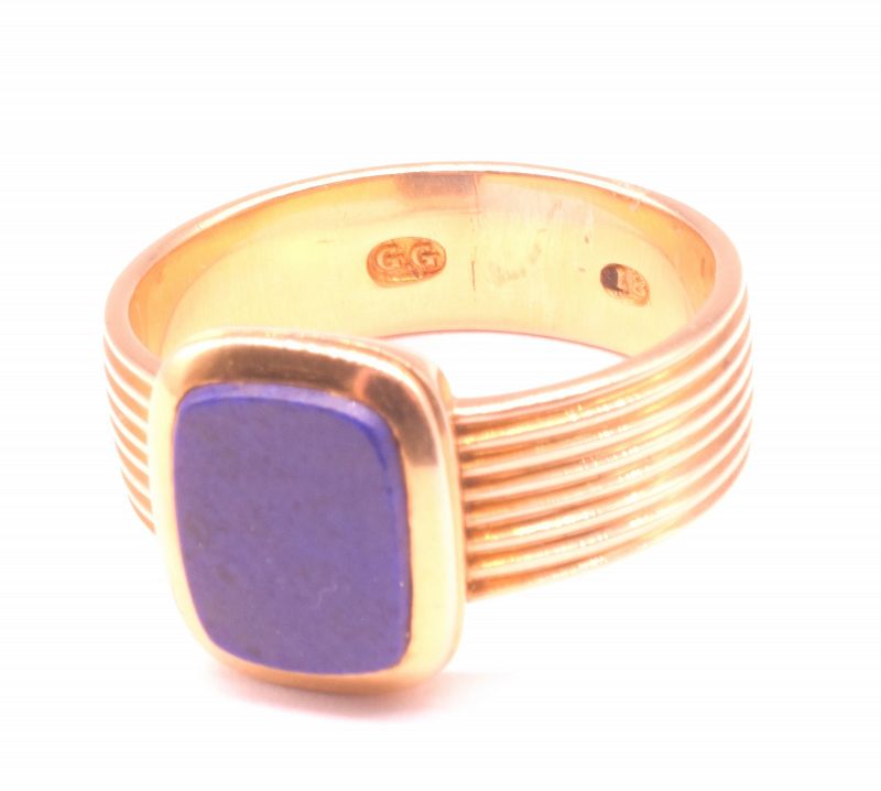 C1970 18 Carat Modern Lapis Signet Ring with Reeded Band