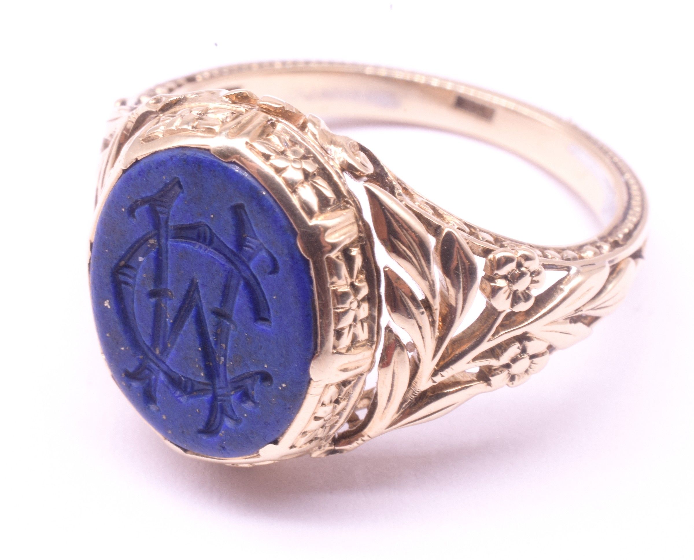 C1900 14K Lapis Lazuli Monogrammed Signet Ring &quot;CW&quot; with Carved Should