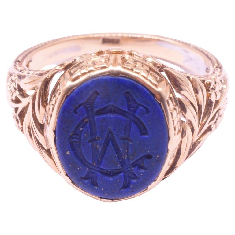 C1900 14K Lapis Lazuli Monogrammed Signet Ring "CW" with Carved Should