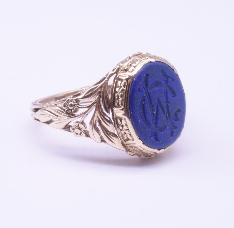 C1900 14K Lapis Lazuli Monogrammed Signet Ring &quot;CW&quot; with Carved Should