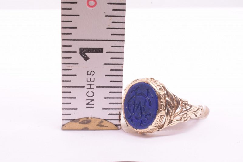 C1900 14K Lapis Lazuli Monogrammed Signet Ring &quot;CW&quot; with Carved Should