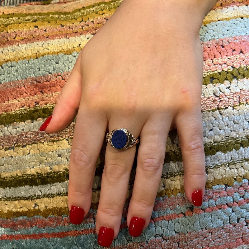 C1900 14K Lapis Lazuli Monogrammed Signet Ring &quot;CW&quot; with Carved Should