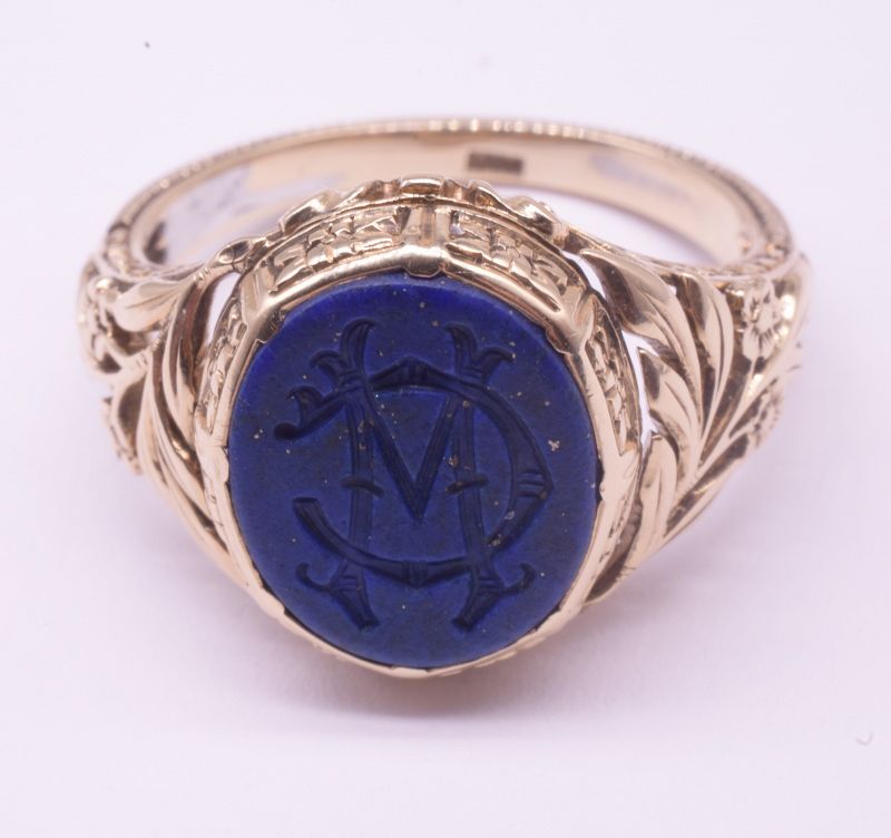 C1900 14K Lapis Lazuli Monogrammed Signet Ring &quot;CW&quot; with Carved Should