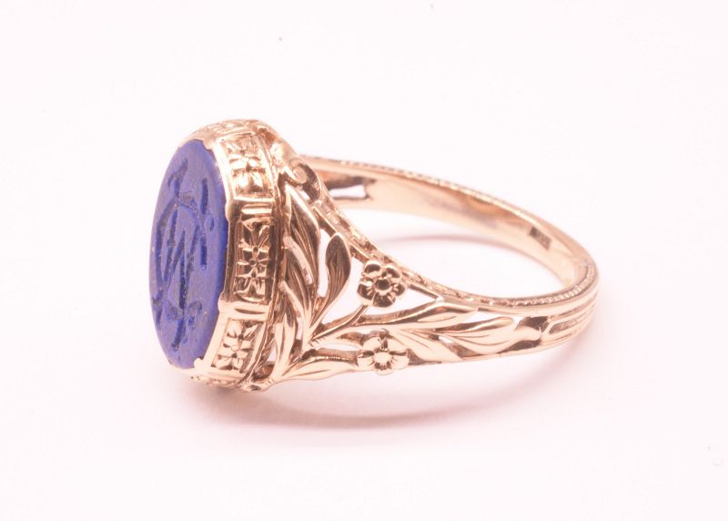 C1900 14K Lapis Lazuli Monogrammed Signet Ring &quot;CW&quot; with Carved Should