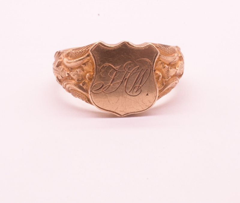 C1870 18 carat Monogram JHW Signet Ring w Repousse Shoulders