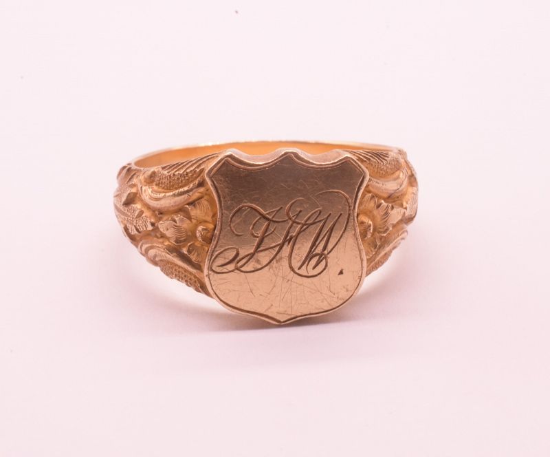 C1870 18 carat Monogram JHW Signet Ring w Repousse Shoulders