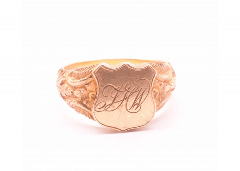 C1870 18 carat Monogram JHW Signet Ring w Repousse Shoulders