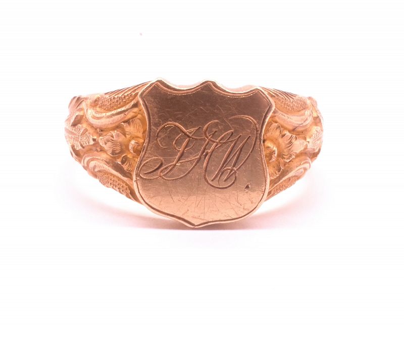 C1870 18 carat Monogram JHW Signet Ring w Repousse Shoulders