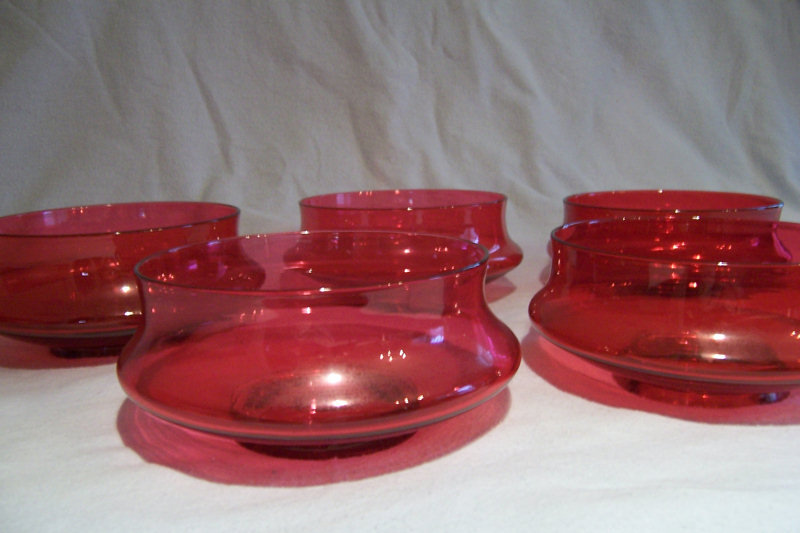 Set Five Victorian Waisted Cranberry Glass Fingerbowls