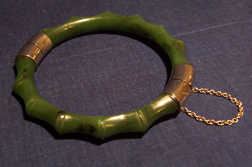 Spinach jade bracelet carved to suggest bamboo