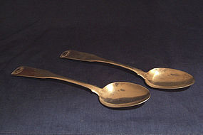 Pair Fiddle and Shell Coin Silver Serving Spoons