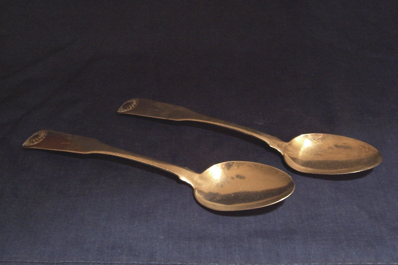 Pair Fiddle and Shell Coin Silver Serving Spoons