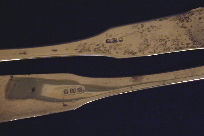 Pair Fiddle and Shell Coin Silver Serving Spoons