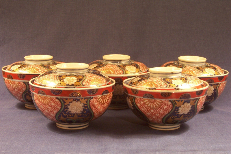 Set Five Japanese Imari Porcelain Covered Bowls, Marked
