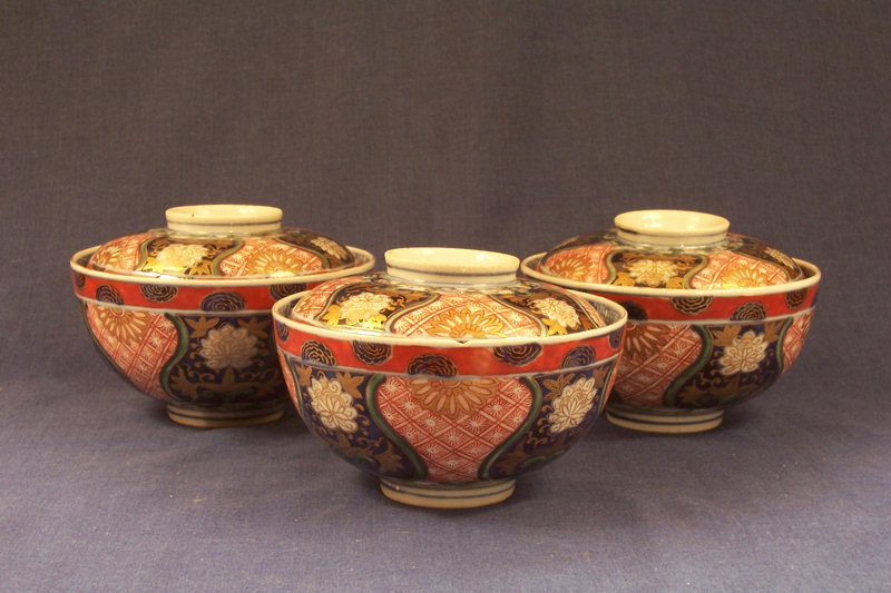Three Marked Japanese Imari Porcelain Covered Bowls