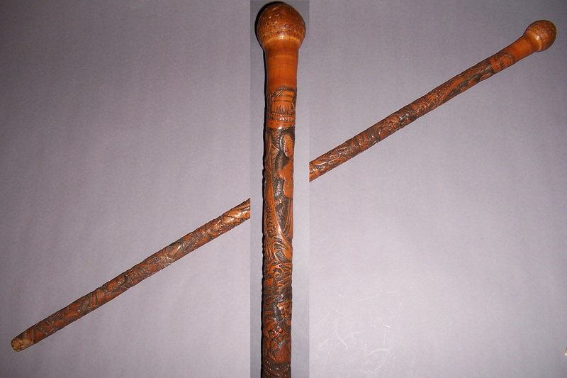 Meiji Era Carved Bamboo Cane, Tale of The Heike Samurai