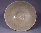 Rare Koryo dynasty moulded celadon stoneware peony bowl