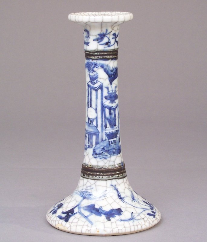 Rare Chinese Porcelain Candle Holder. Blue, White, Mirror Black