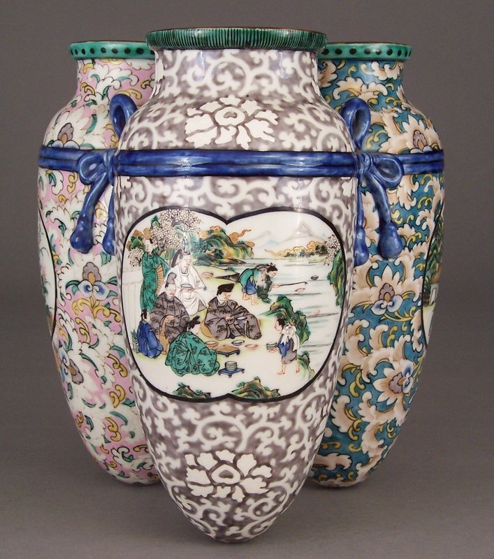 Unusual, Large Japanese Tripart Polychrome Porcelain Vase