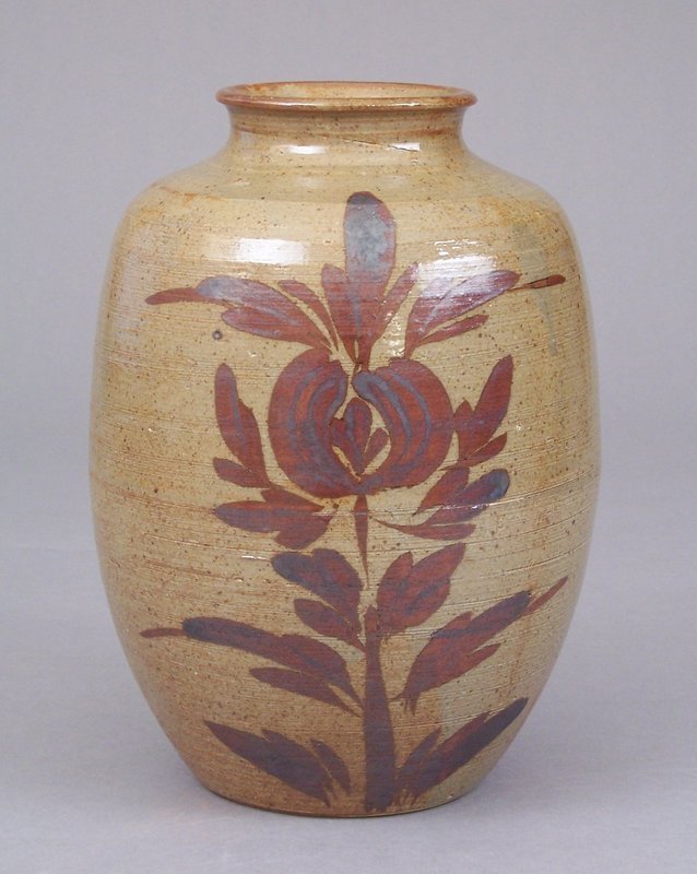 Modern Japanese Iron Glaze Decorated Pottery Tsubo Vase